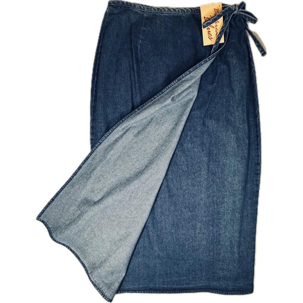Vtg New 1996 Denim Wrap Skirt Womens 12 Blue Backroad Blues Boho Western Prairie